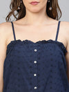 Women blue button - down schiffli cotton shoulder strap top