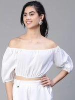 Women white round neck elasticatedshort sleeve cotton crop top