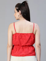 Women red schiffli elsaticated shoulder strap cotton top