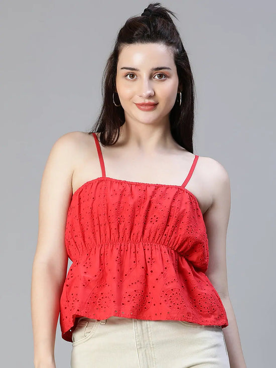 Women red schiffli elsaticated shoulder strap cotton top