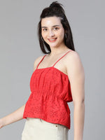 Women red schiffli elsaticated shoulder strap cotton top