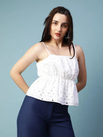 Women white schiffli elsaticated attached lining shoulder strap cotton top