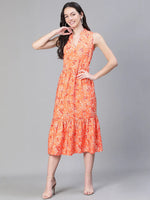 Women floral print organe v-neck sleeveless flare dress