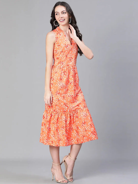 Women floral print organe v-neck sleeveless flare dress