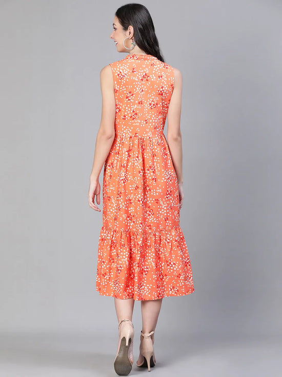 Women floral print organe v-neck sleeveless flare dress