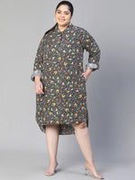 Women floral print collared & zipped long sleeve plus size high -low dress