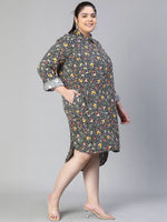 Women floral print collared & zipped long sleeve plus size high -low dress