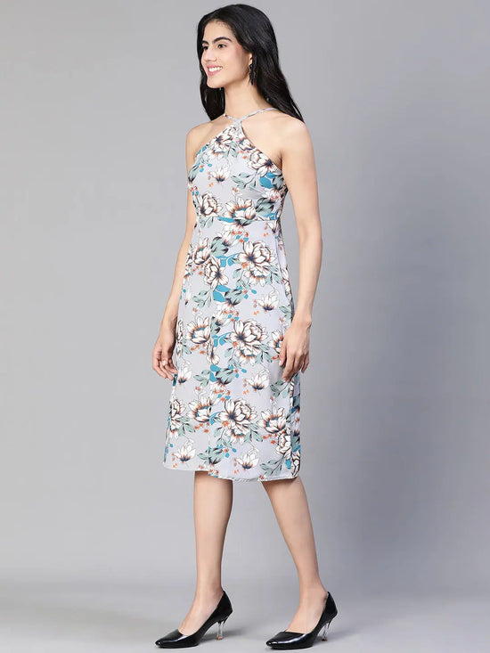 Women grey floral print body con strap dress