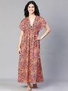 Women multicolor floral print laced & elasticatedslit maxi beachwear cotton dress