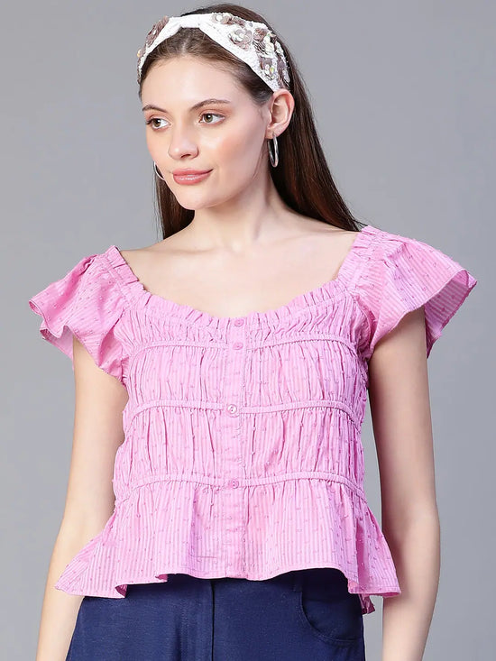 Women Pink Buttoned Short Sleeve Ruffle Cotton Top