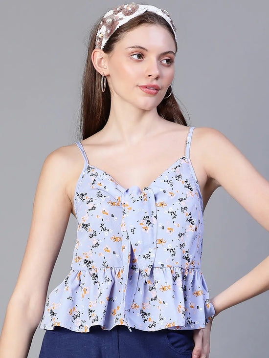 Women Blue Floral Print Tie-Up Shoulder Strap Top