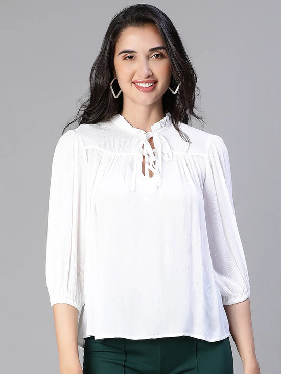 Women Solid White Round Neck Tie-Up Top