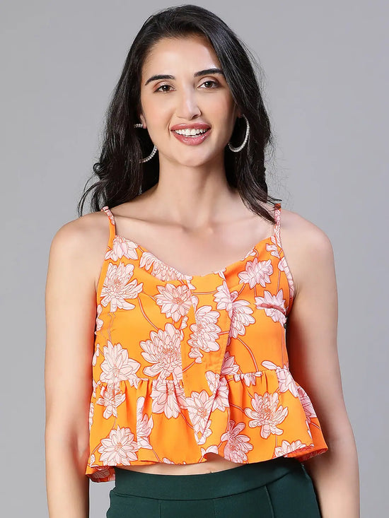 Women Orange Floral Print Tie-Up Shoulder Strap Top