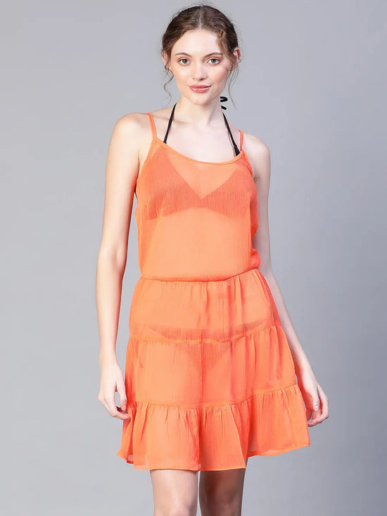 Women Orange Shoulder Strap Flared Beachwear Dress