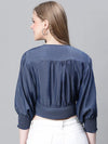 Women Blue V-Neck Tie-Up & Buttoned Long Sleeve Crop Top