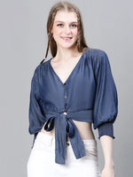 Women Blue V-Neck Tie-Up & Buttoned Long Sleeve Crop Top