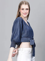 Women Blue V-Neck Tie-Up & Buttoned Long Sleeve Crop Top