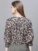 Women Brown Animal Print Tie Up Long Sleeve Top