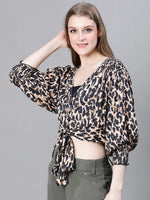 Women Brown Animal Print Tie Up Long Sleeve Top