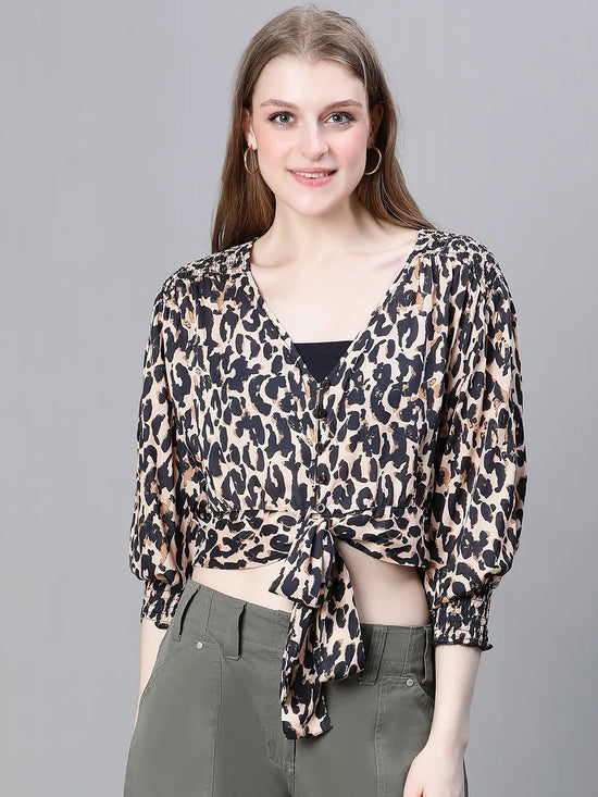 Women Brown Animal Print Tie Up Long Sleeve Top