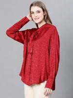 Women Red Round Neck Tie-Knotted Long Sleeve Top