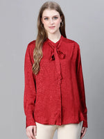 Women Red Round Neck Tie-Knotted Long Sleeve Top