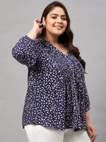 Women Plus Size Blue Floral Print V-Neck Long Sleeve Top