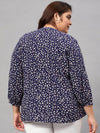 Women Plus Size Blue Floral Print V-Neck Long Sleeve Top