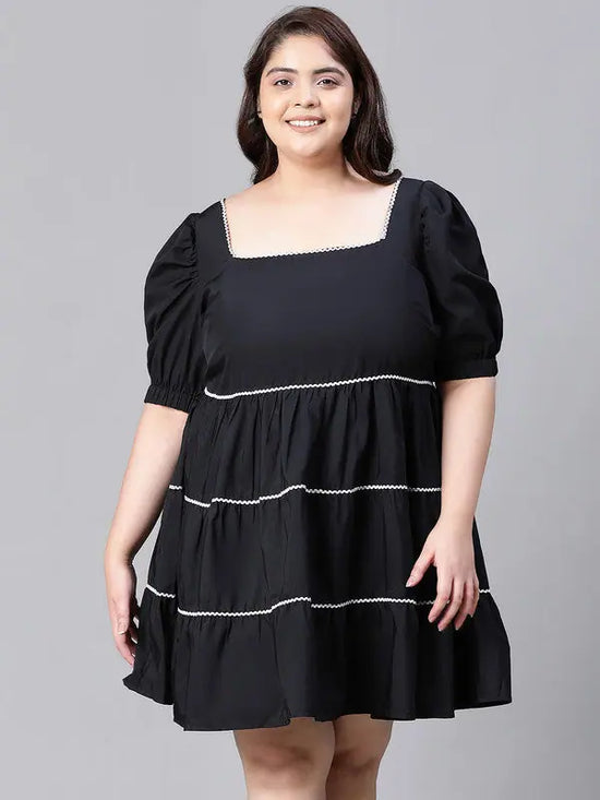 Women Plus Size Black Roun Neck Short Sleeve Cotton Dress