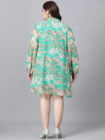 Women Plus Size Green Floral Print Smocked Round Neck Long Sleeve Dress