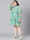 Women Plus Size Green Floral Print Smocked Round Neck Long Sleeve Dress