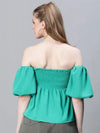 Women Green Gather Pleated Cold Shoulder Partywear Top