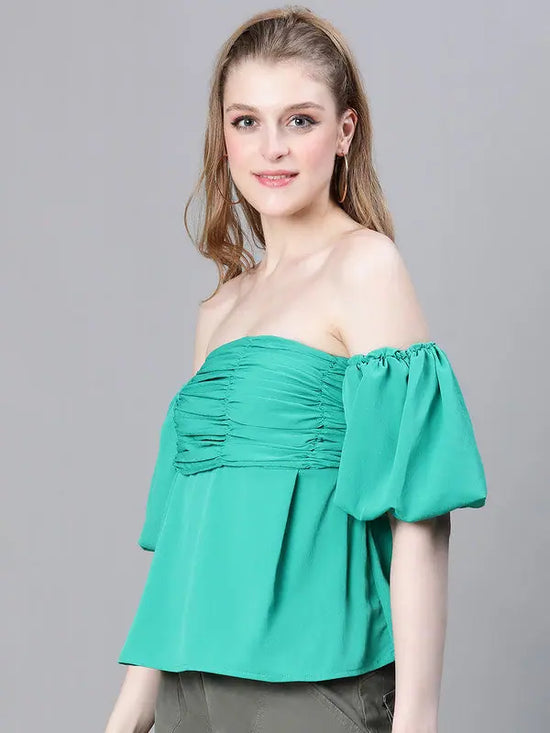 Women Green Gather Pleated Cold Shoulder Partywear Top