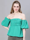 Women Green Gather Pleated Cold Shoulder Partywear Top