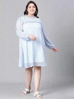 Women Plus Size Blue Floral Print Smocked Round Neck Long Sleeve Dress