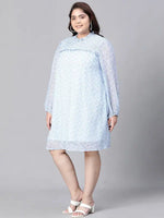 Women Plus Size Blue Floral Print Smocked Round Neck Long Sleeve Dress