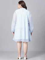 Women Plus Size Blue Floral Print Smocked Round Neck Long Sleeve Dress