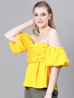 Women Yellow Gather Pleated Cold Shoulder Partywear Top