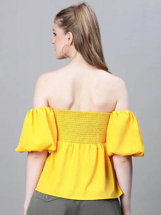 Women Yellow Gather Pleated Cold Shoulder Partywear Top