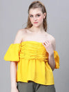 Women Yellow Gather Pleated Cold Shoulder Partywear Top