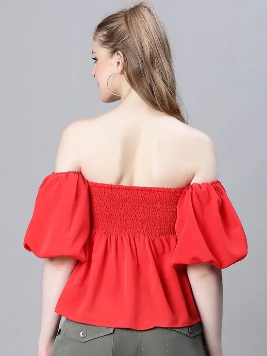 Women Red Gather Pleated Cold Shoulder Partywear Top