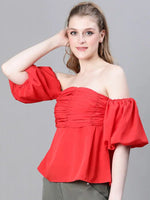 Women Red Gather Pleated Cold Shoulder Partywear Top