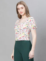 Women Multicolor Printed Round Neck Short Sleeve Elasticated Top