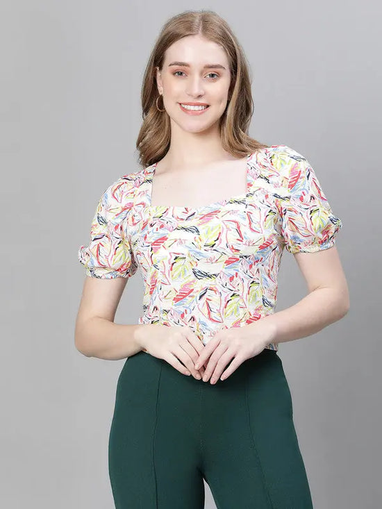 Women Multicolor Printed Round Neck Short Sleeve Elasticated Top