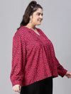 Women Plus Size Pink Dot Print V-Neck Long Sleeve Top