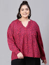 Women Plus Size Pink Dot Print V-Neck Long Sleeve Top