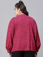 Women Plus Size Pink Dot Print V-Neck Long Sleeve Top