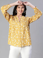 Women Mustard Floral Print V-Neck Pleated Top