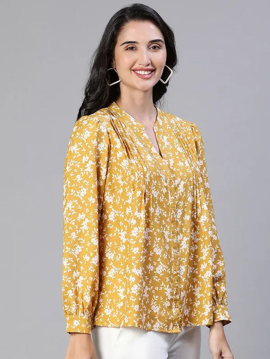 Women Mustard Floral Print V-Neck Pleated Top