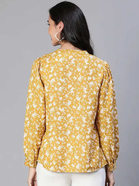 Women Mustard Floral Print V-Neck Pleated Top